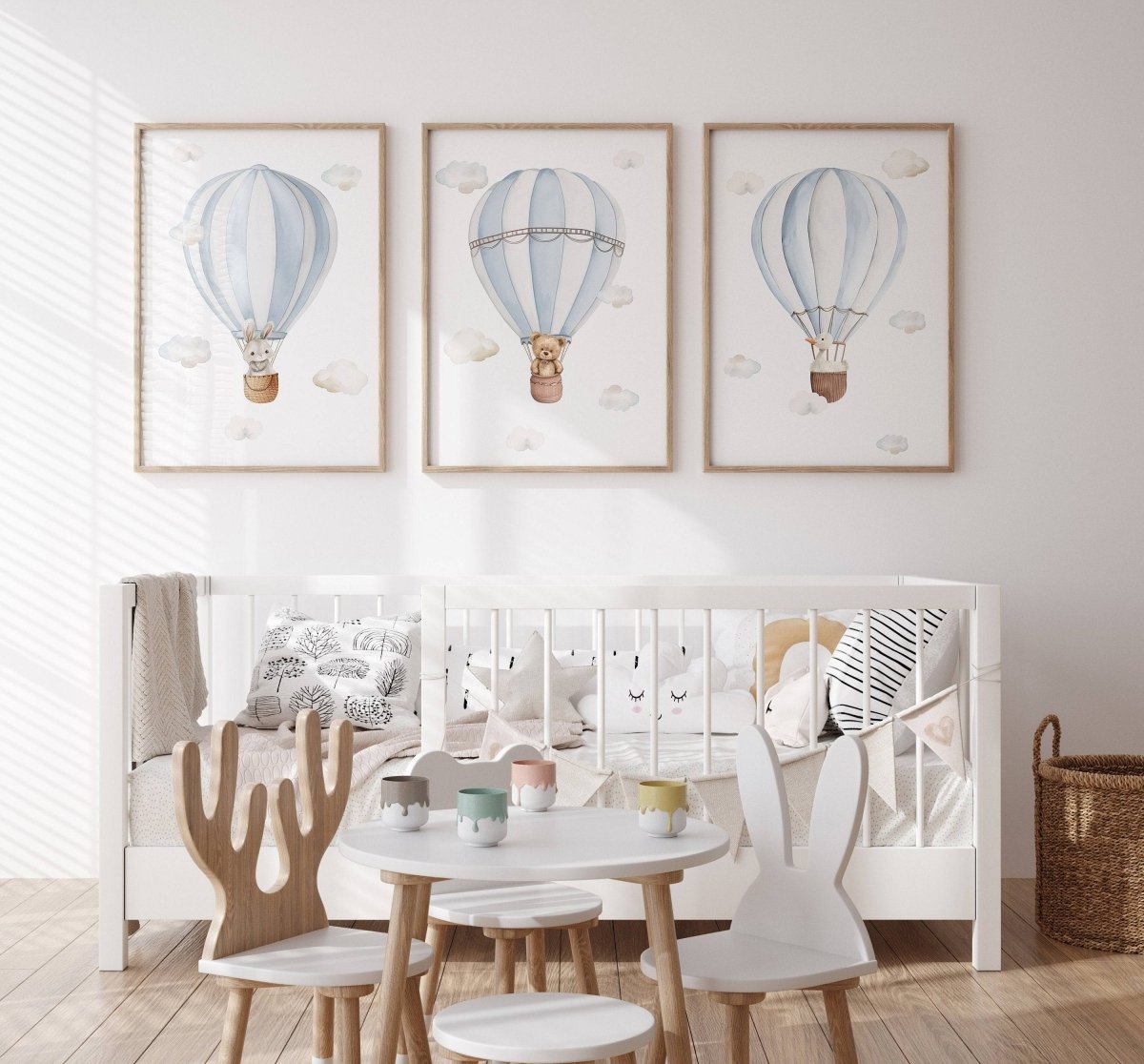 Set of 3 Hot Air Balloon Prints for Nursery | Blue | Bunny, Goose, Bear - RoseRowanDesign -
