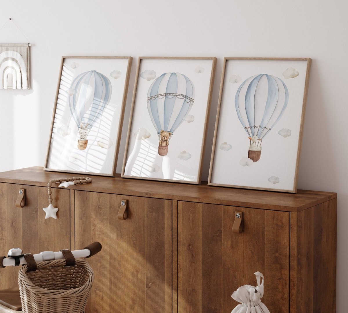 Set of 3 Hot Air Balloon Prints for Nursery | Blue | Bunny, Goose, Bear - RoseRowanDesign -
