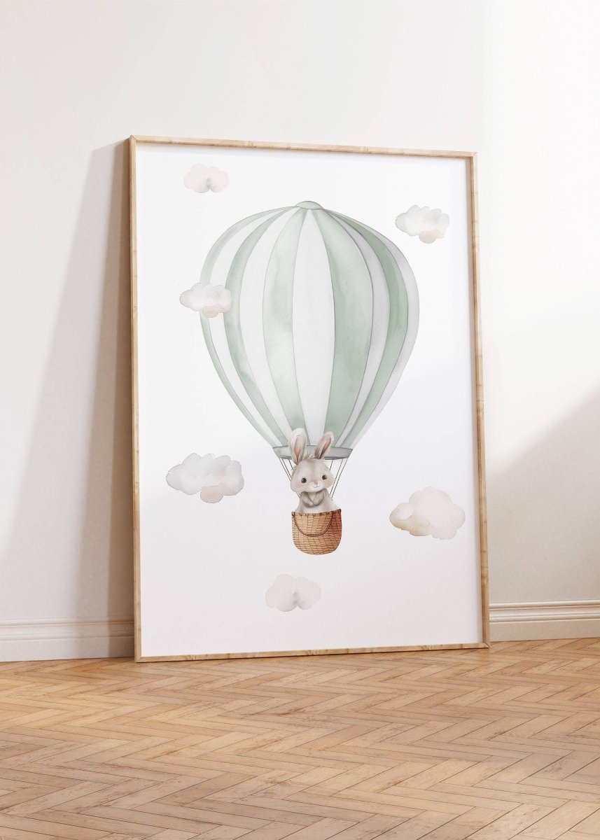Set of 3 Hot Air Balloon Prints for Nursery | Green | Bunny, Goose, Bear - RoseRowanDesign -