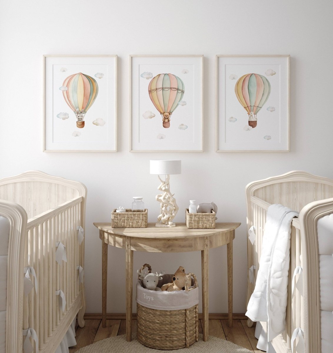 Set of 3 Hot Air Balloon Prints for Nursery | Pastel Colours | Bunny, Goose, Bear - RoseRowanDesign -