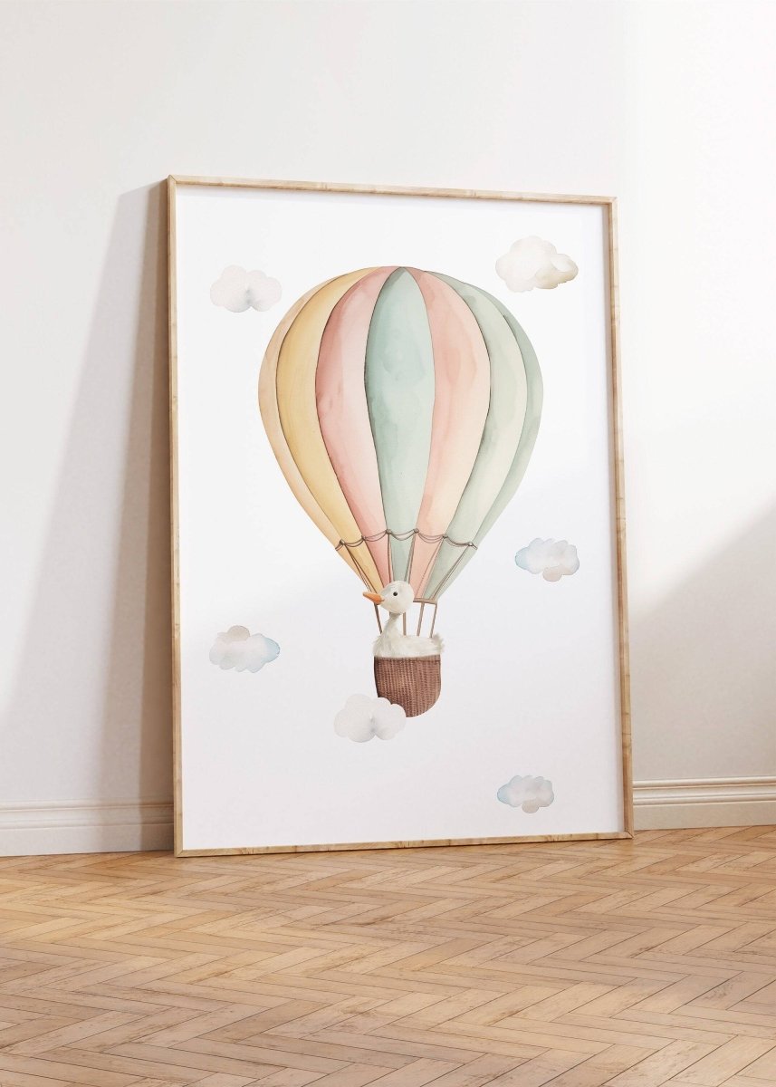 Set of 3 Hot Air Balloon Prints for Nursery | Pastel Colours | Bunny, Goose, Bear - RoseRowanDesign -