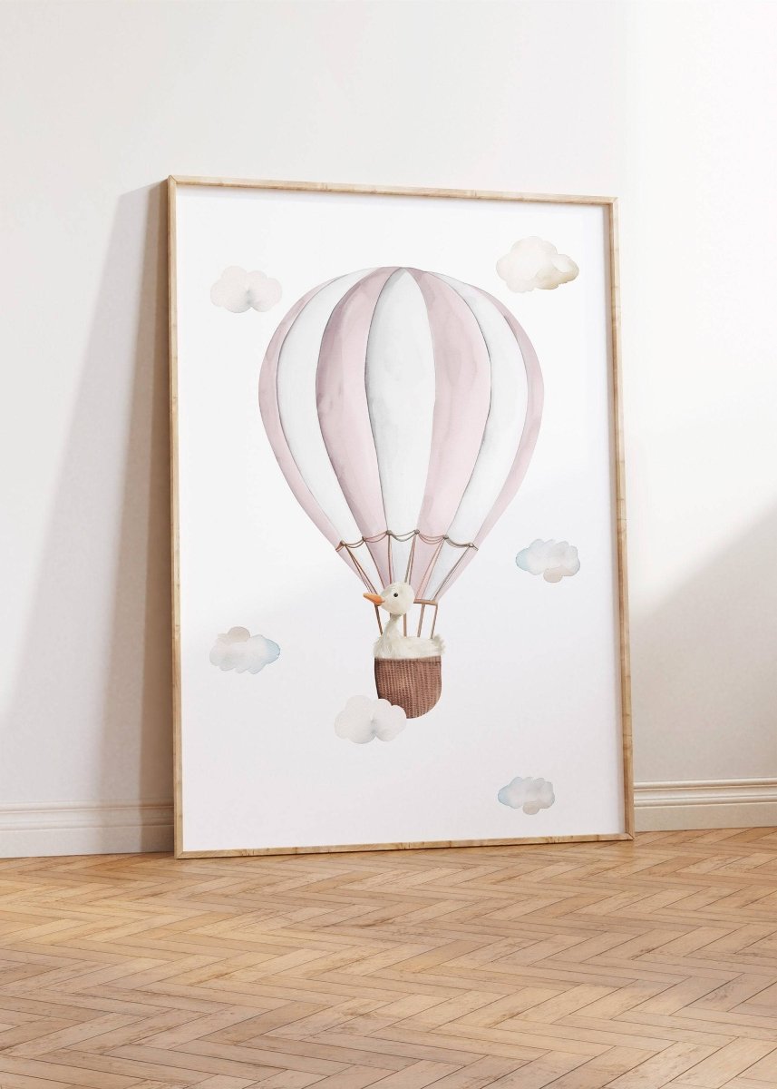 Set of 3 Hot Air Balloon Prints for Nursery | Pink | Bunny, Goose, Bear - RoseRowanDesign -