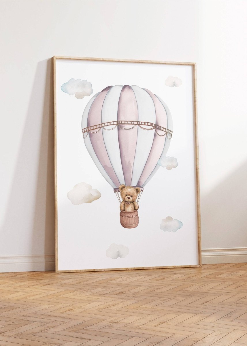 Set of 3 Hot Air Balloon Prints for Nursery | Pink | Bunny, Goose, Bear - RoseRowanDesign -
