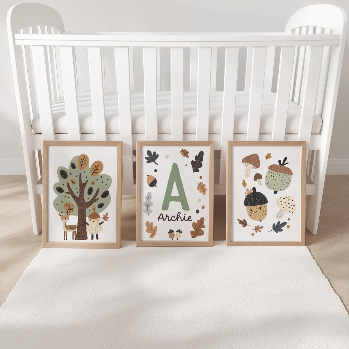 Set of 3 Little Acorns Nursery Prints – Whimsical Personalised Oak Tree Wall Art for Kids Room - RoseRowanDesign -