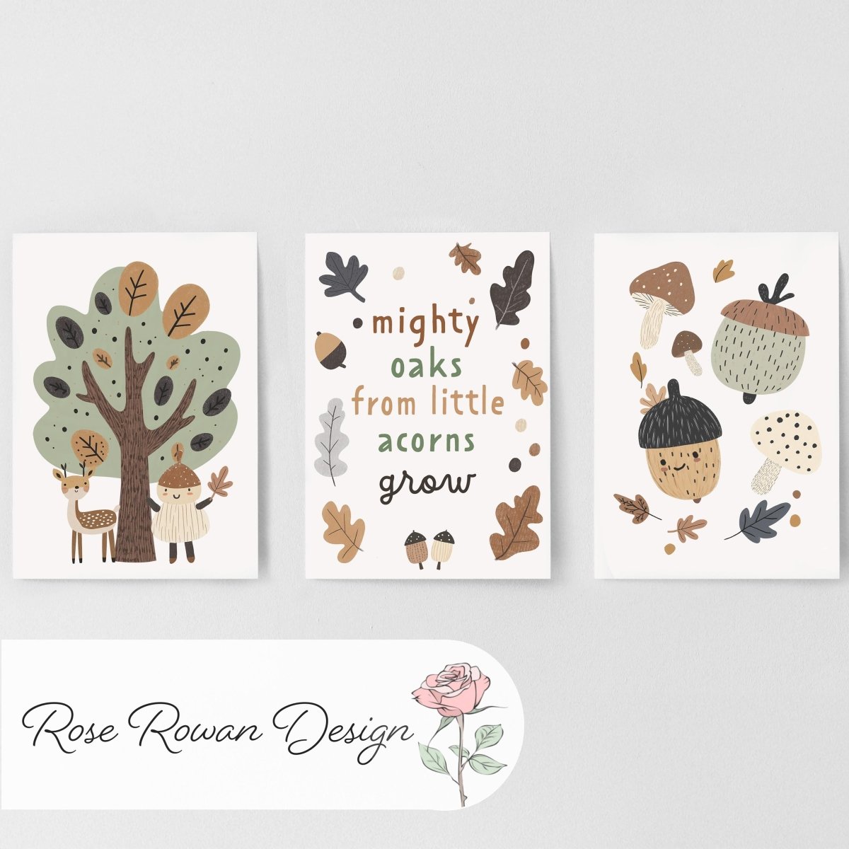 Set of 3 Little Acorns Nursery Prints – Whimsical Personalised Oak Tree Wall Art for Kids Room - RoseRowanDesign -
