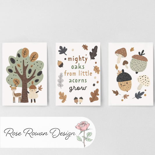 Set of 3 Little Acorns Nursery Prints – Whimsical Personalised Oak Tree Wall Art for Kids Room - RoseRowanDesign -