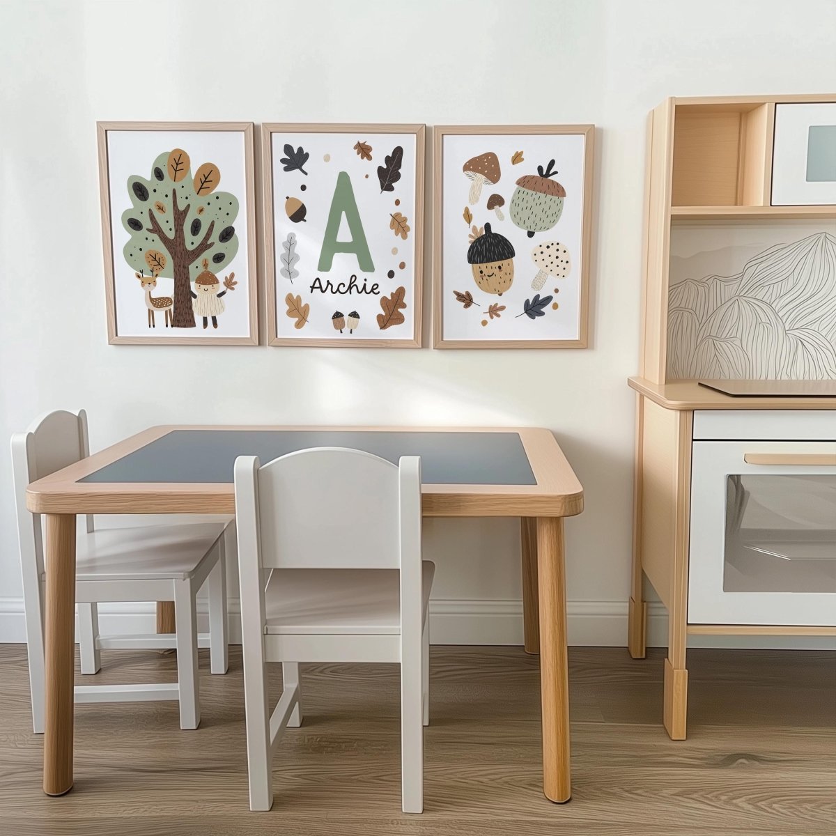 Set of 3 Little Acorns Nursery Prints – Whimsical Personalised Oak Tree Wall Art for Kids Room - RoseRowanDesign -