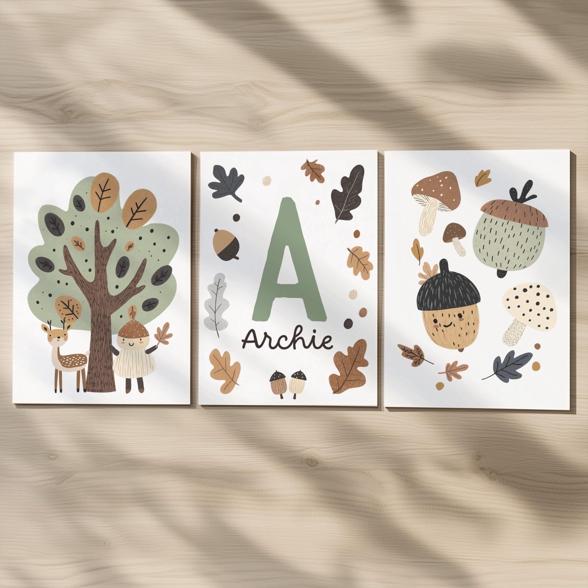 Set of 3 Little Acorns Nursery Prints – Whimsical Personalised Oak Tree Wall Art for Kids Room - RoseRowanDesign -
