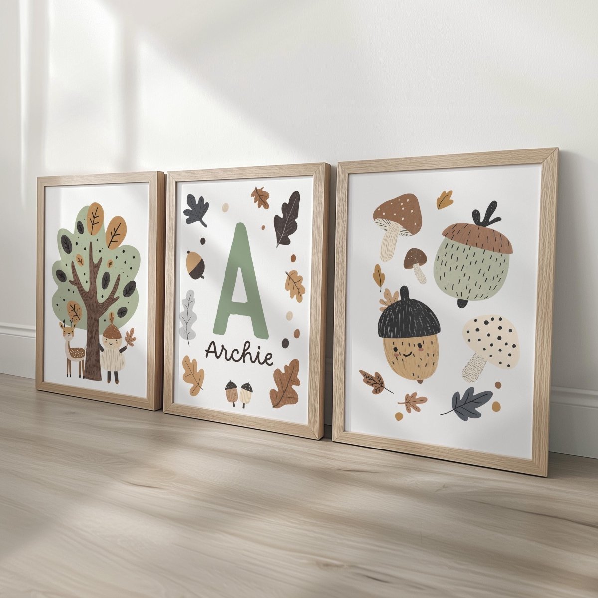 Set of 3 Little Acorns Nursery Prints – Whimsical Personalised Oak Tree Wall Art for Kids Room - RoseRowanDesign -