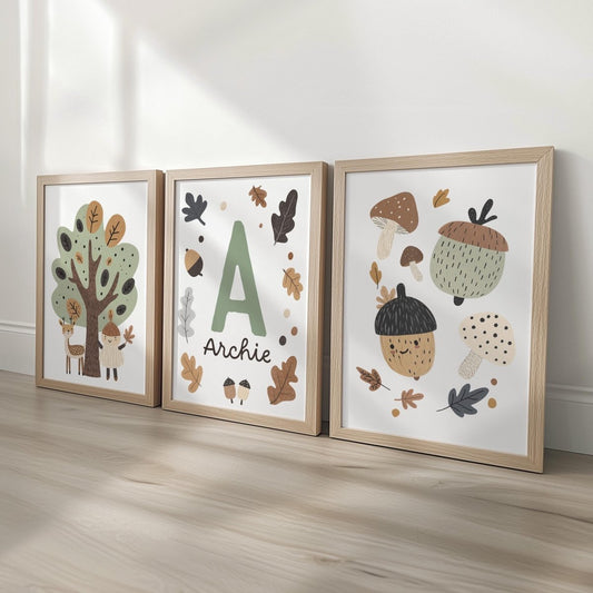 Set of 3 Little Acorns Nursery Prints – Whimsical Personalised Oak Tree Wall Art for Kids Room - RoseRowanDesign -