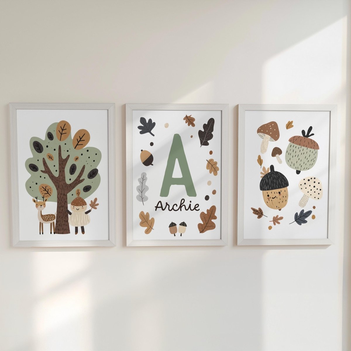 Set of 3 Little Acorns Nursery Prints – Whimsical Personalised Oak Tree Wall Art for Kids Room - RoseRowanDesign -