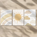 Load image into Gallery viewer, Set of 3 Personalised Boho Nursery Prints – Sun, Cloud & Rainbow Wall Art for Baby Room - RoseRowanDesign -