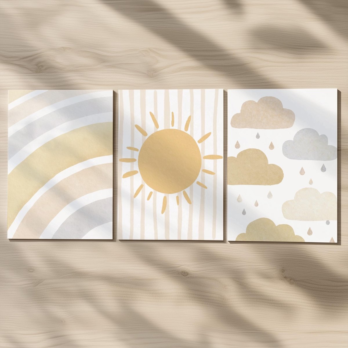 Set of 3 Personalised Boho Nursery Prints – Sun, Cloud & Rainbow Wall Art for Baby Room - RoseRowanDesign -