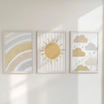 Load image into Gallery viewer, Set of 3 Personalised Boho Nursery Prints – Sun, Cloud & Rainbow Wall Art for Baby Room - RoseRowanDesign -