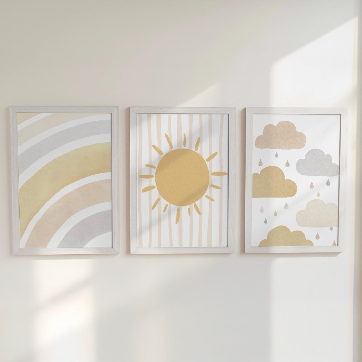 Set of 3 Personalised Boho Nursery Prints – Sun, Cloud & Rainbow Wall Art for Baby Room - RoseRowanDesign -