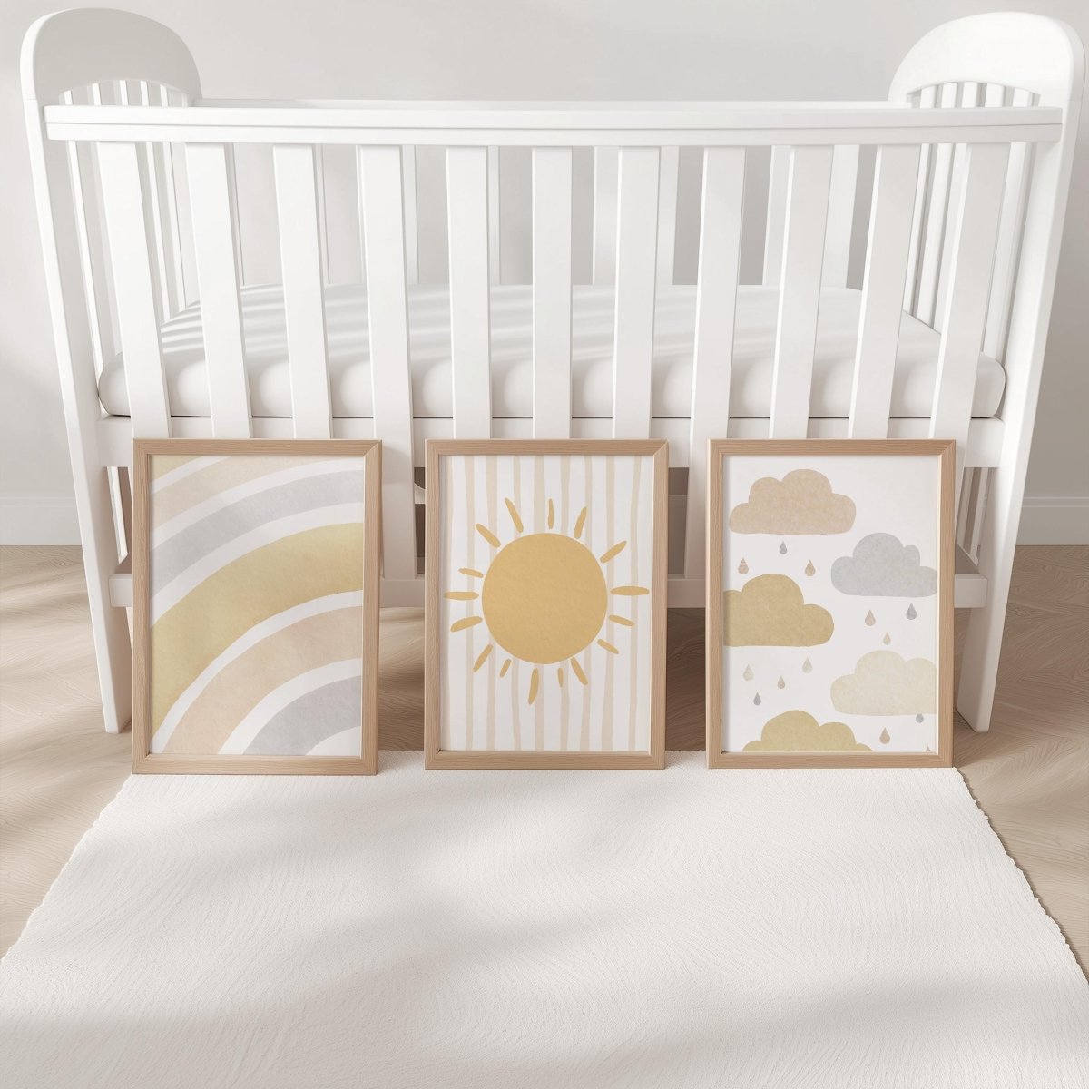 Set of 3 Personalised Boho Nursery Prints – Sun, Cloud & Rainbow Wall Art for Baby Room - RoseRowanDesign -
