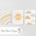 Load image into Gallery viewer, Set of 3 Personalised Boho Nursery Prints – Sun, Cloud & Rainbow Wall Art for Baby Room - RoseRowanDesign -