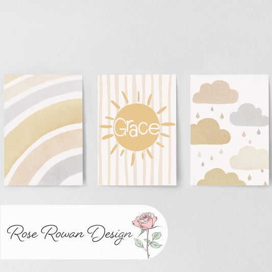 Set of 3 Personalised Boho Nursery Prints – Sun, Cloud & Rainbow Wall Art for Baby Room - RoseRowanDesign -