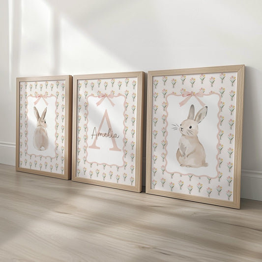 Set of 3 Personalised Bunny Prints – Tulip Floral Custom Name Wall Art for Girls Nursery - RoseRowanDesign -