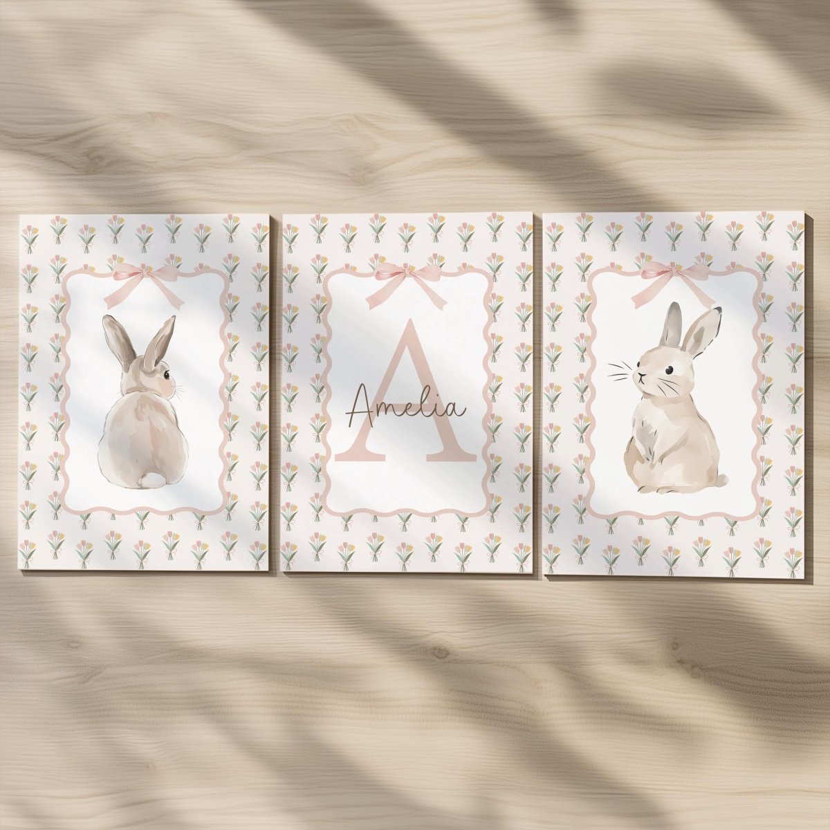 Set of 3 Personalised Bunny Prints – Tulip Floral Custom Name Wall Art for Girls Nursery - RoseRowanDesign -