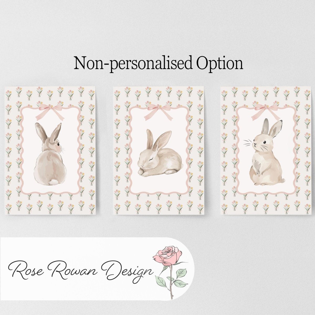 Set of 3 Personalised Bunny Prints – Tulip Floral Custom Name Wall Art for Girls Nursery - RoseRowanDesign -