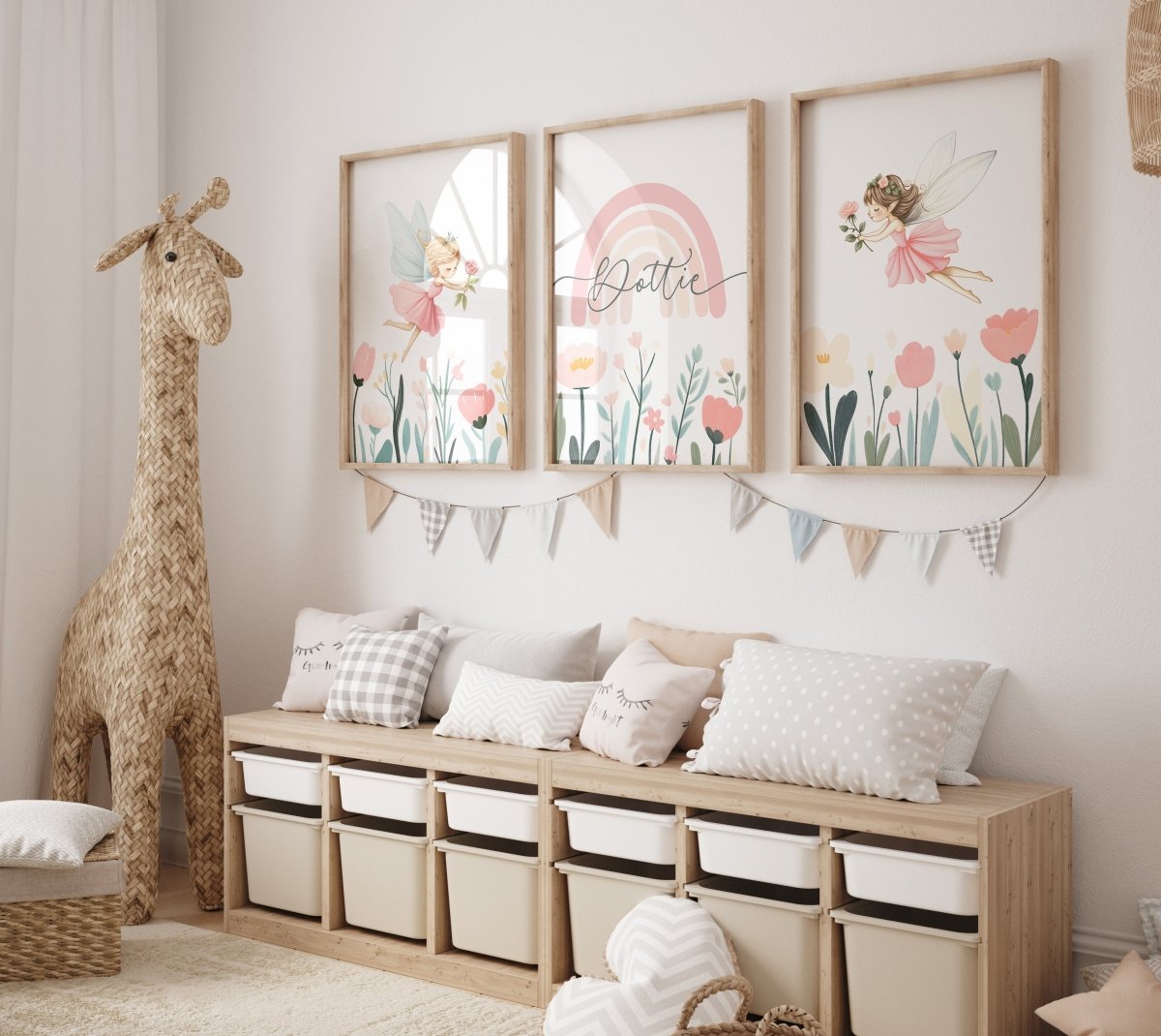 | Set of 3 | Personalised Fairies & Wildflower, Set of 3, Girls Bedroom Decor - RoseRowanDesign - Wall Art