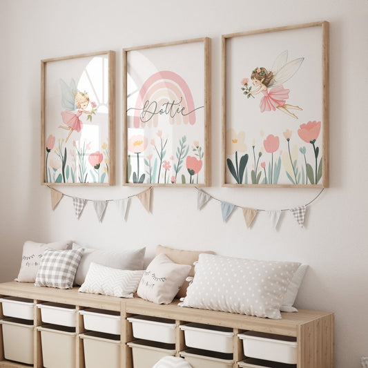 | Set of 3 | Personalised Fairies & Wildflower, Set of 3, Girls Bedroom Decor - RoseRowanDesign - Wall Art
