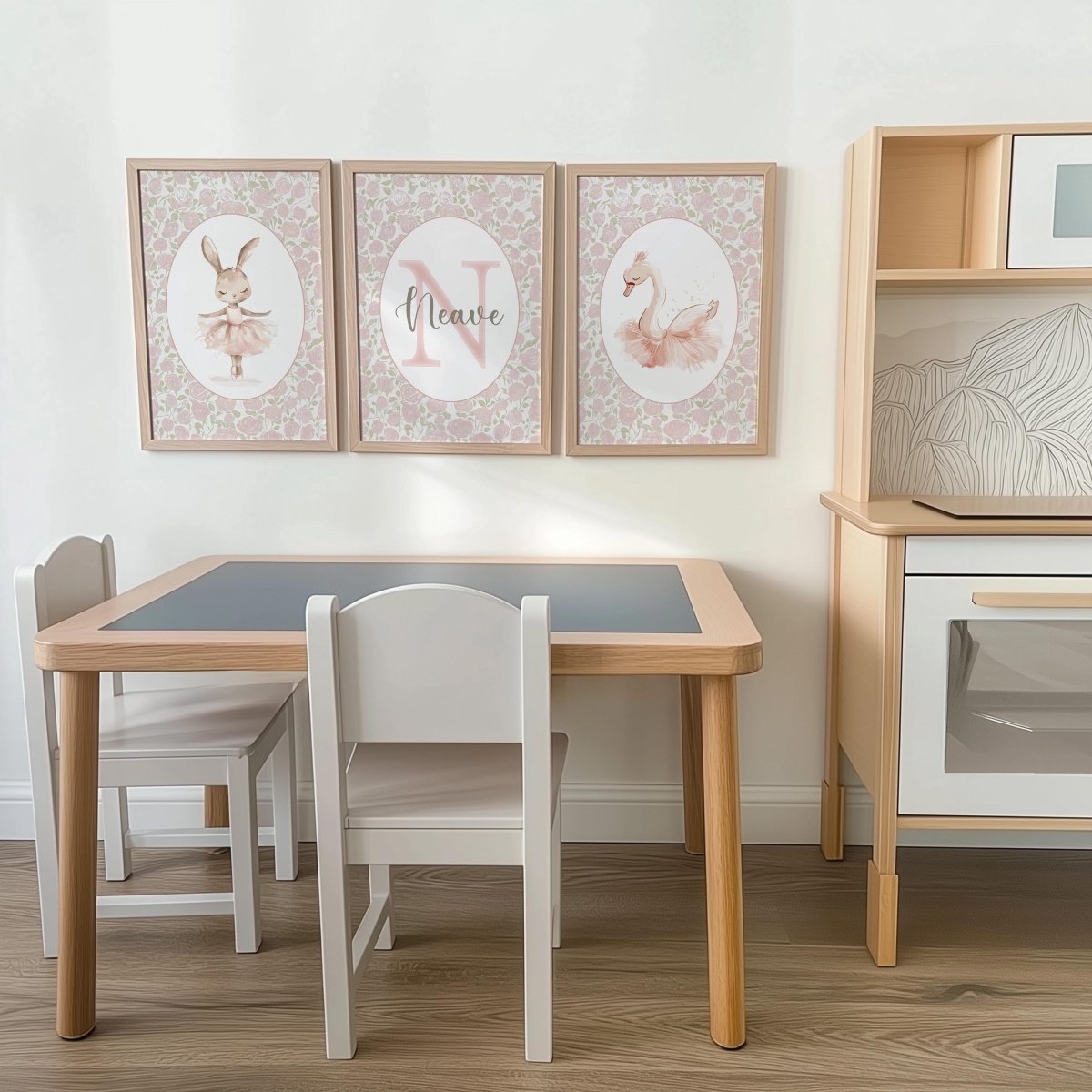 Set of 3 Personalised Girls Nursery Prints, Floral Ballet Roses Name Poster, Pink Dance Decor Wall Art for Nursery, Bedroom or Playroom - RoseRowanDesign -