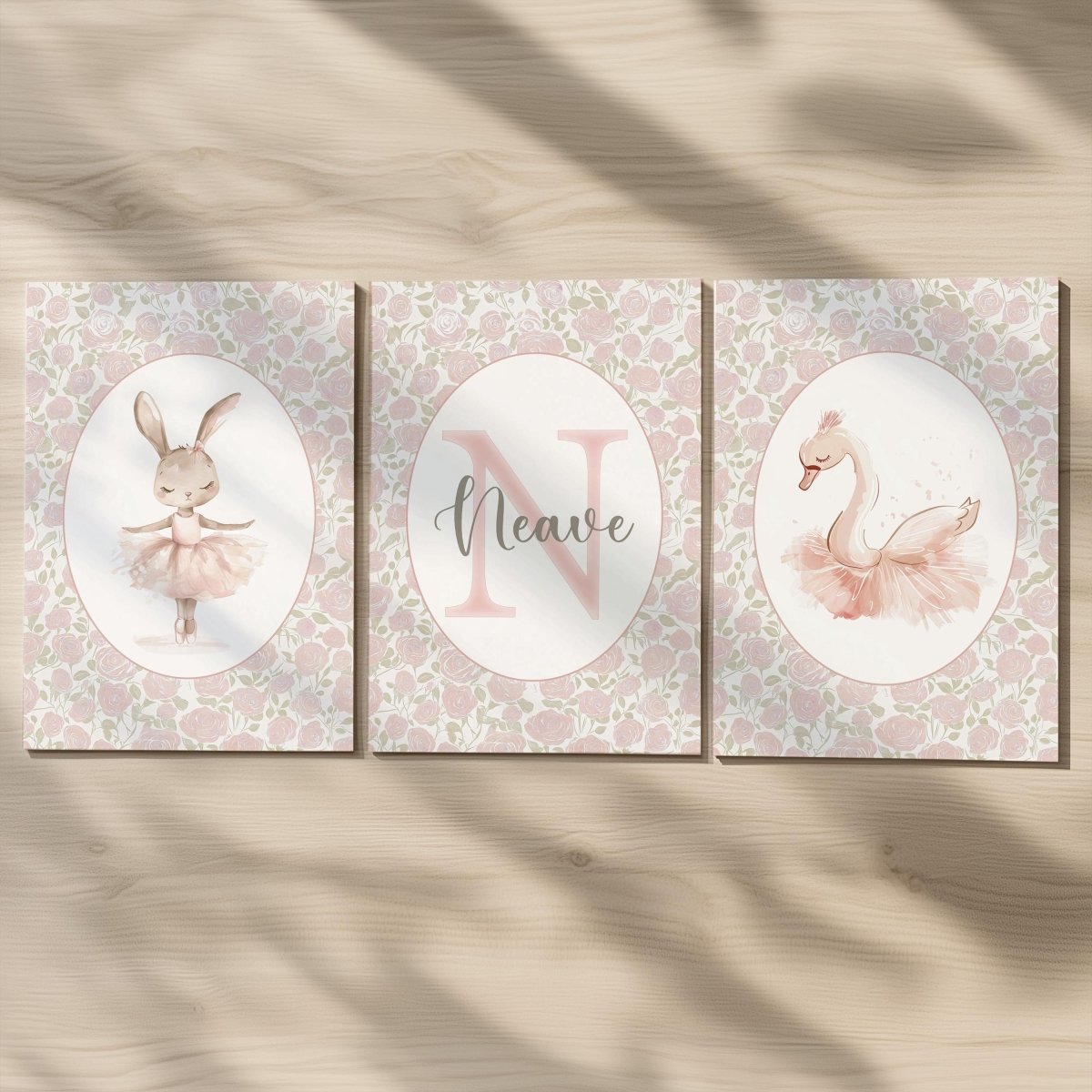 Set of 3 Personalised Girls Nursery Prints, Floral Ballet Roses Name Poster, Pink Dance Decor Wall Art for Nursery, Bedroom or Playroom - RoseRowanDesign -