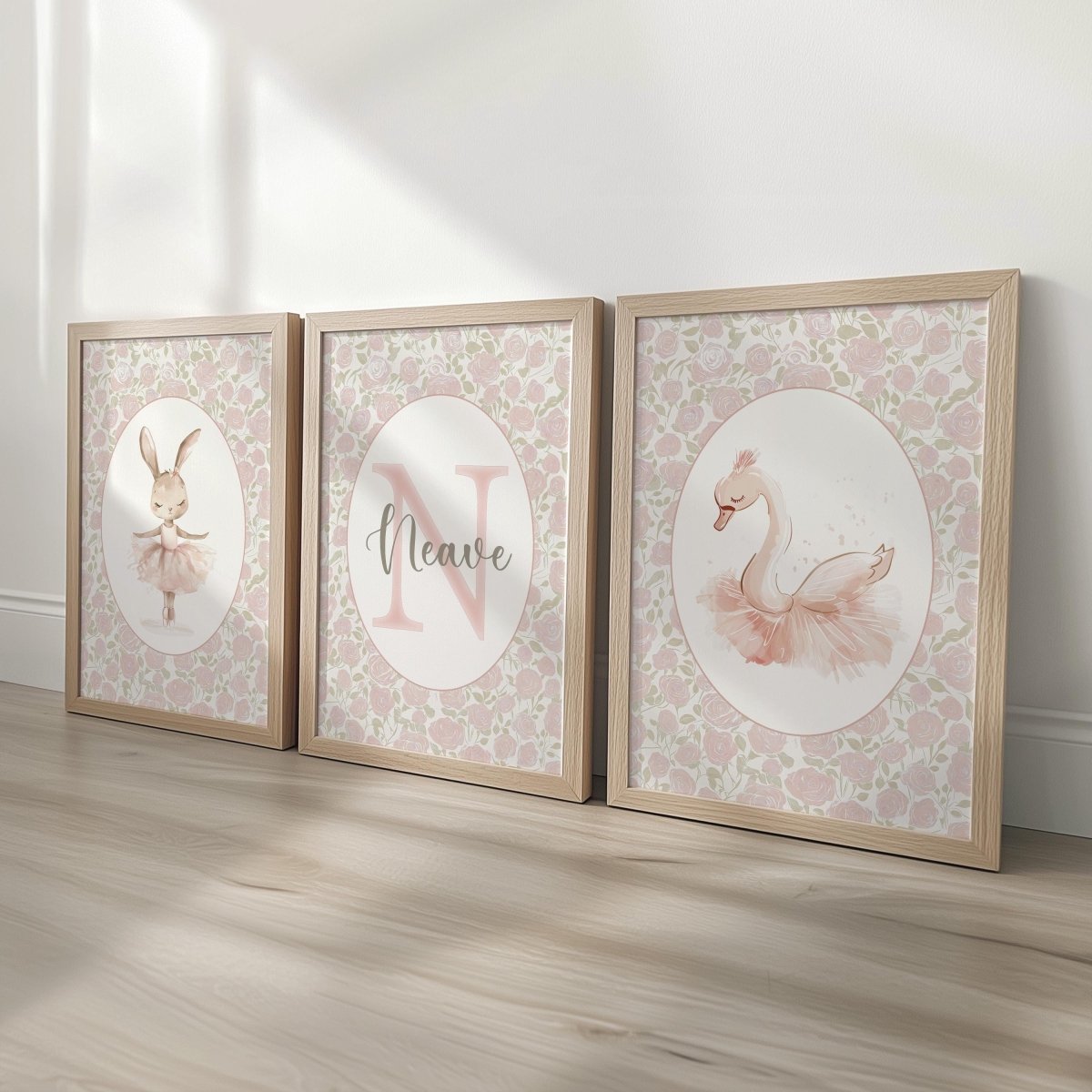 Set of 3 Personalised Girls Nursery Prints, Floral Ballet Roses Name Poster, Pink Dance Decor Wall Art for Nursery, Bedroom or Playroom - RoseRowanDesign -