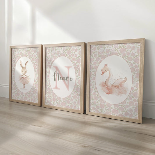 Set of 3 Personalised Girls Nursery Prints, Floral Ballet Roses Name Poster, Pink Dance Decor Wall Art for Nursery, Bedroom or Playroom - RoseRowanDesign -