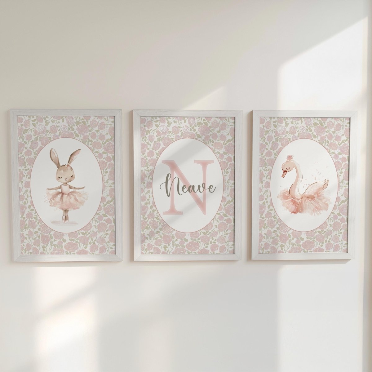 Set of 3 Personalised Girls Nursery Prints, Floral Ballet Roses Name Poster, Pink Dance Decor Wall Art for Nursery, Bedroom or Playroom - RoseRowanDesign -