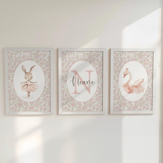 Set of 3 Personalised Girls Nursery Prints, Floral Ballet Roses Name Poster, Pink Dance Decor Wall Art for Nursery, Bedroom or Playroom - RoseRowanDesign -