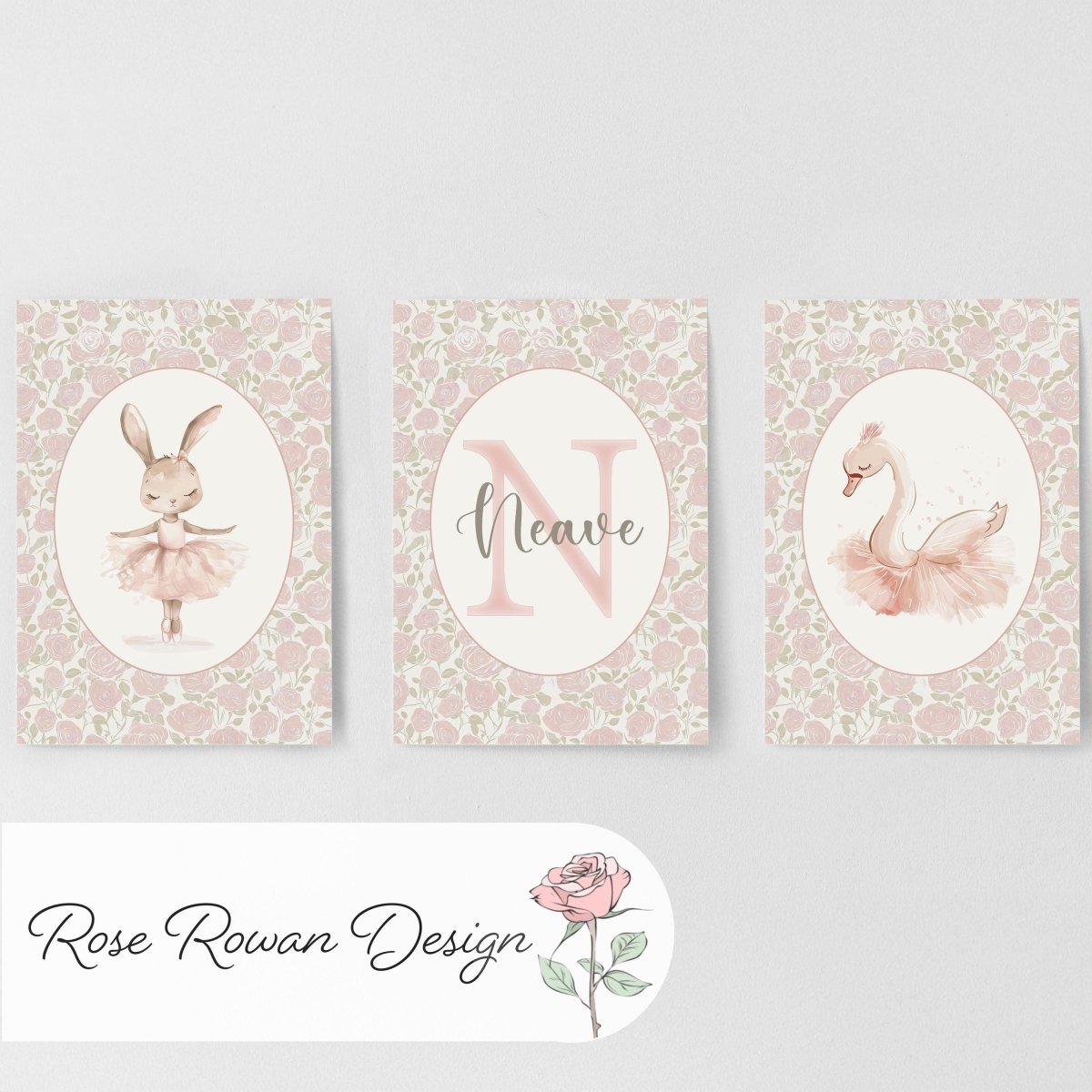 Set of 3 Personalised Girls Nursery Prints, Floral Ballet Roses Name Poster, Pink Dance Decor Wall Art for Nursery, Bedroom or Playroom - RoseRowanDesign -