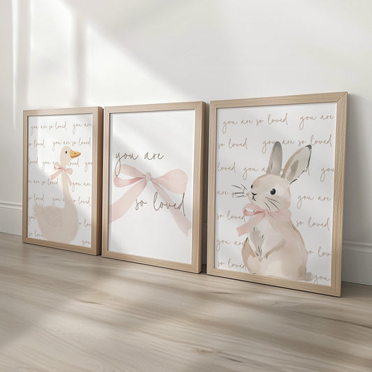 Set of 3 Personalised Goose & Bunny Nursery Prints – You are so Loved – Neutral Wall Art - RoseRowanDesign -