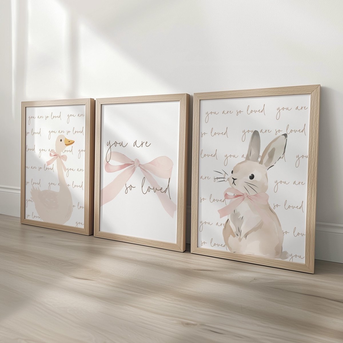 Set of 3 Personalised Goose & Bunny Nursery Prints – You are so Loved – Neutral Wall Art - RoseRowanDesign -