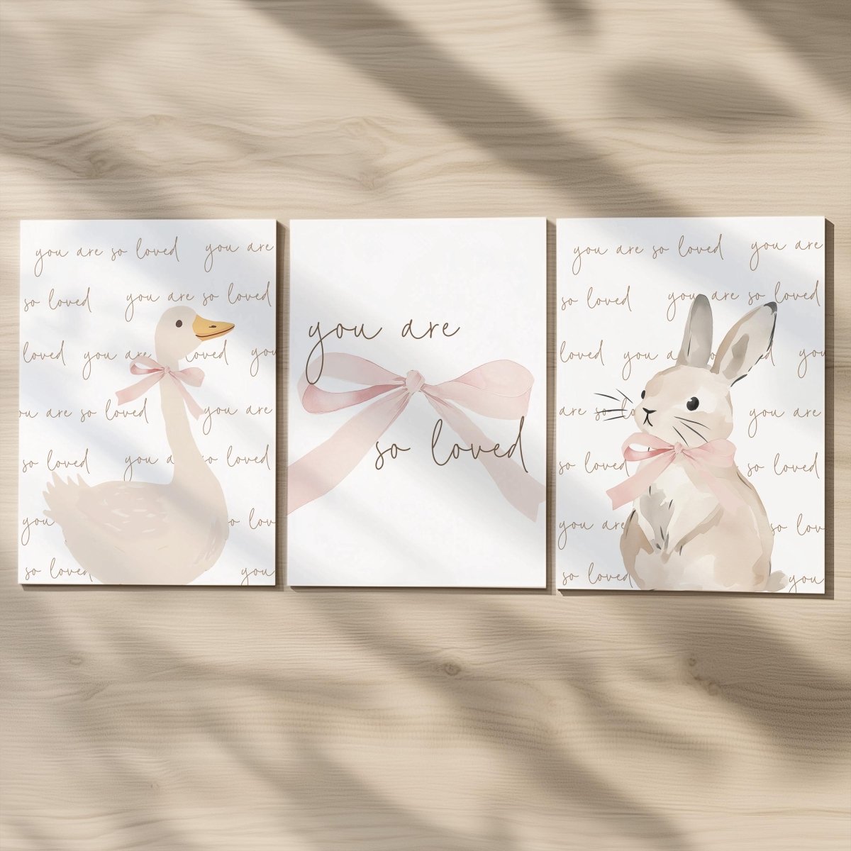 Set of 3 Personalised Goose & Bunny Nursery Prints – You are so Loved – Neutral Wall Art - RoseRowanDesign -