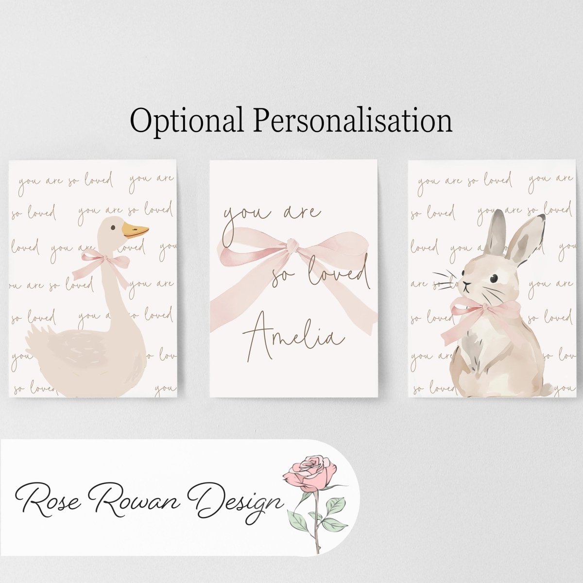 Set of 3 Personalised Goose & Bunny Nursery Prints – You are so Loved – Neutral Wall Art - RoseRowanDesign -