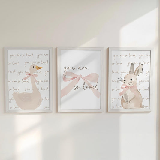 Set of 3 Personalised Goose & Bunny Nursery Prints – You are so Loved – Neutral Wall Art - RoseRowanDesign -