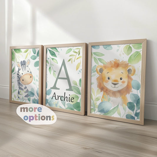 Set of 3 Personalised Jungle Nursery Prints – Kids Name Safari Animal Wall Art for Boys & Girls - RoseRowanDesign -