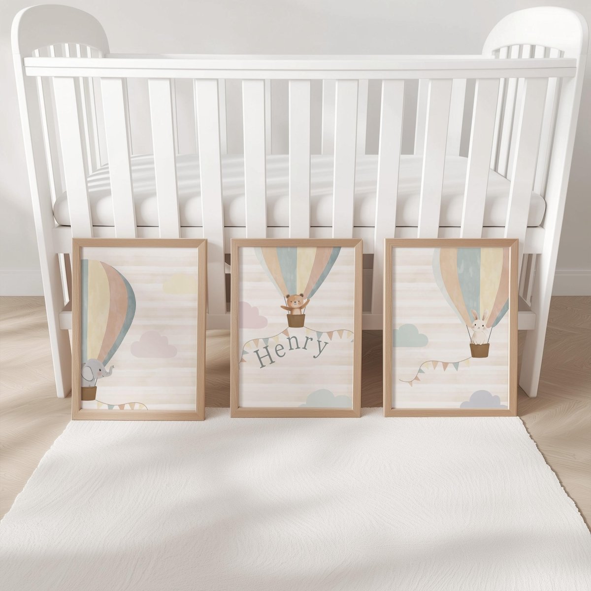 Set of 3 Personalised Neutral Boho Nursery Prints – Hot Air Balloon Animal Wall Art for Kids Room - RoseRowanDesign -