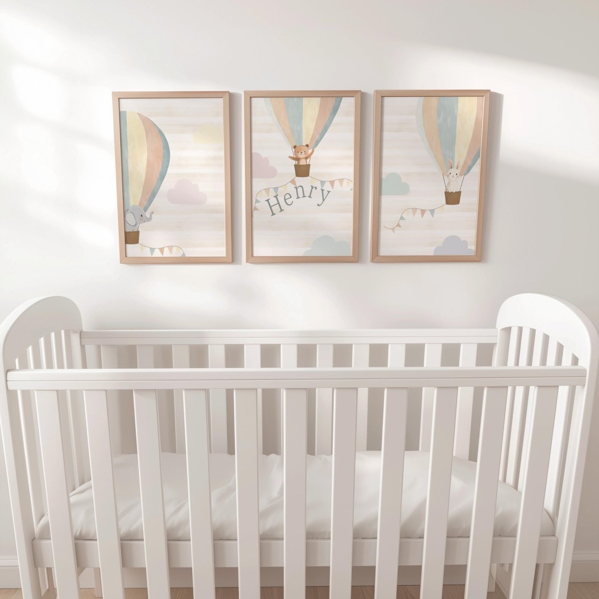 Set of 3 Personalised Neutral Boho Nursery Prints – Hot Air Balloon Animal Wall Art for Kids Room - RoseRowanDesign -