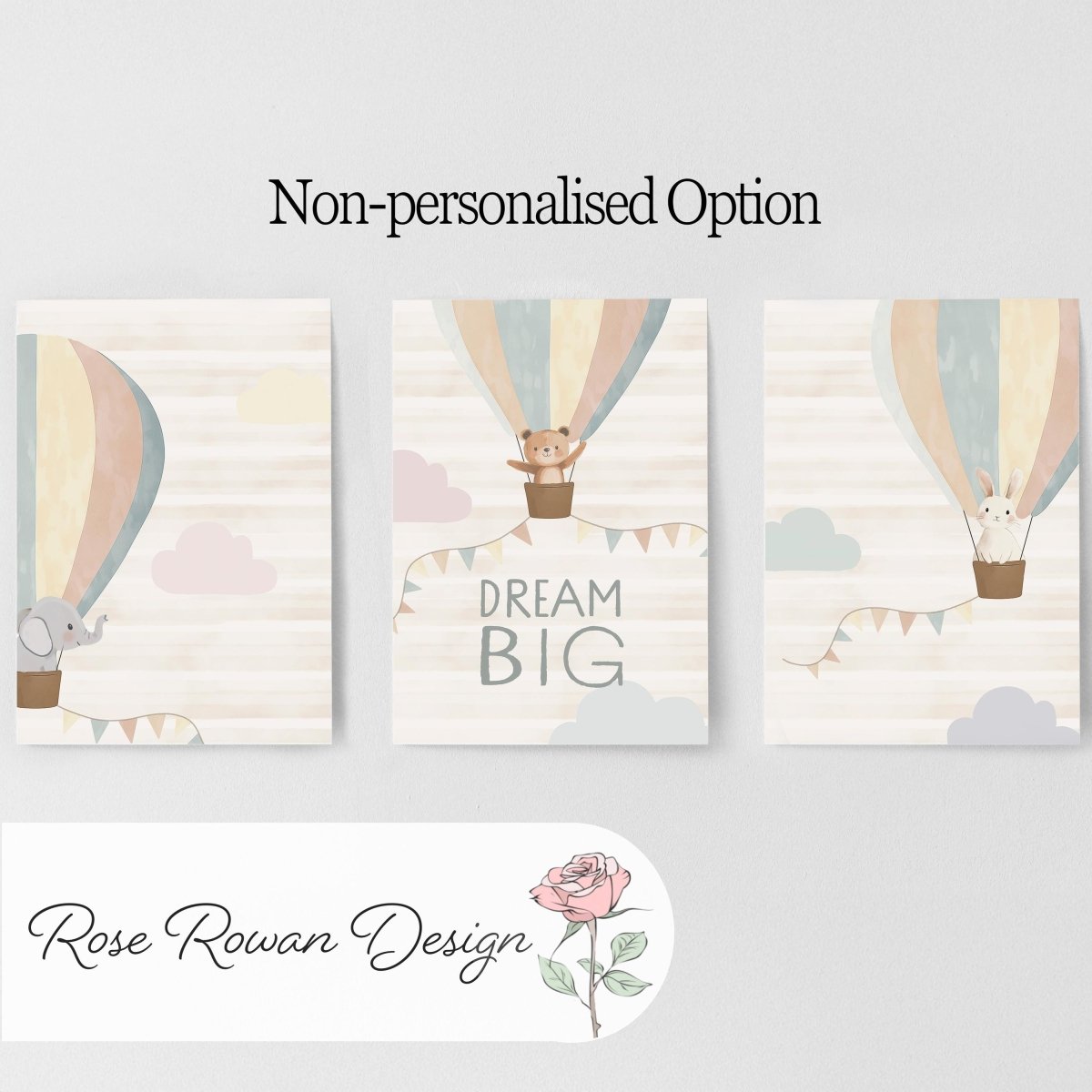 Set of 3 Personalised Neutral Boho Nursery Prints – Hot Air Balloon Animal Wall Art for Kids Room - RoseRowanDesign -