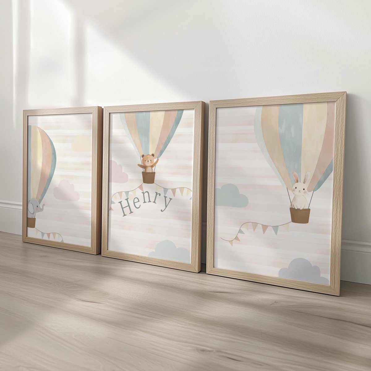 Set of 3 Personalised Neutral Boho Nursery Prints – Hot Air Balloon Animal Wall Art for Kids Room - RoseRowanDesign -