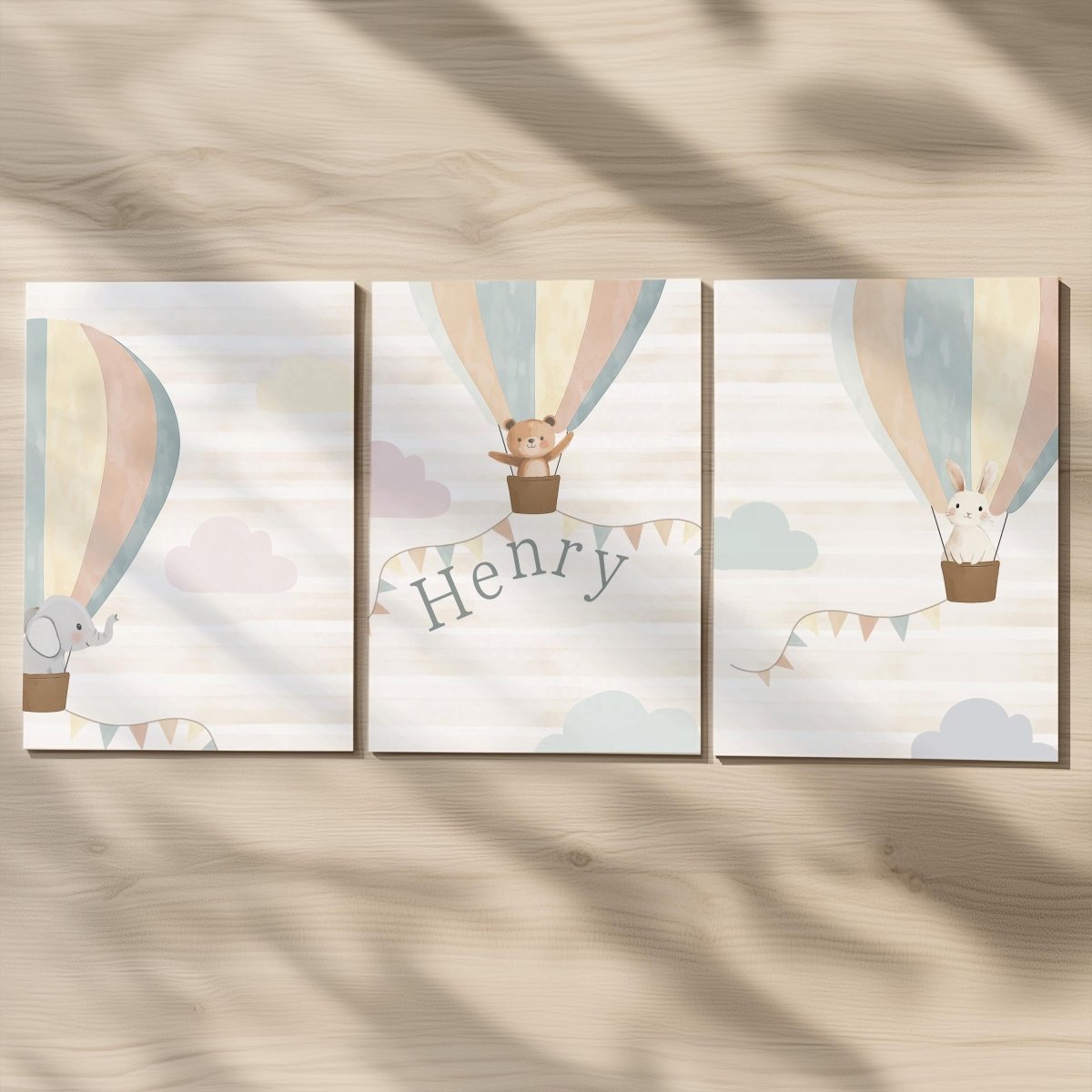 Set of 3 Personalised Neutral Boho Nursery Prints – Hot Air Balloon Animal Wall Art for Kids Room - RoseRowanDesign -