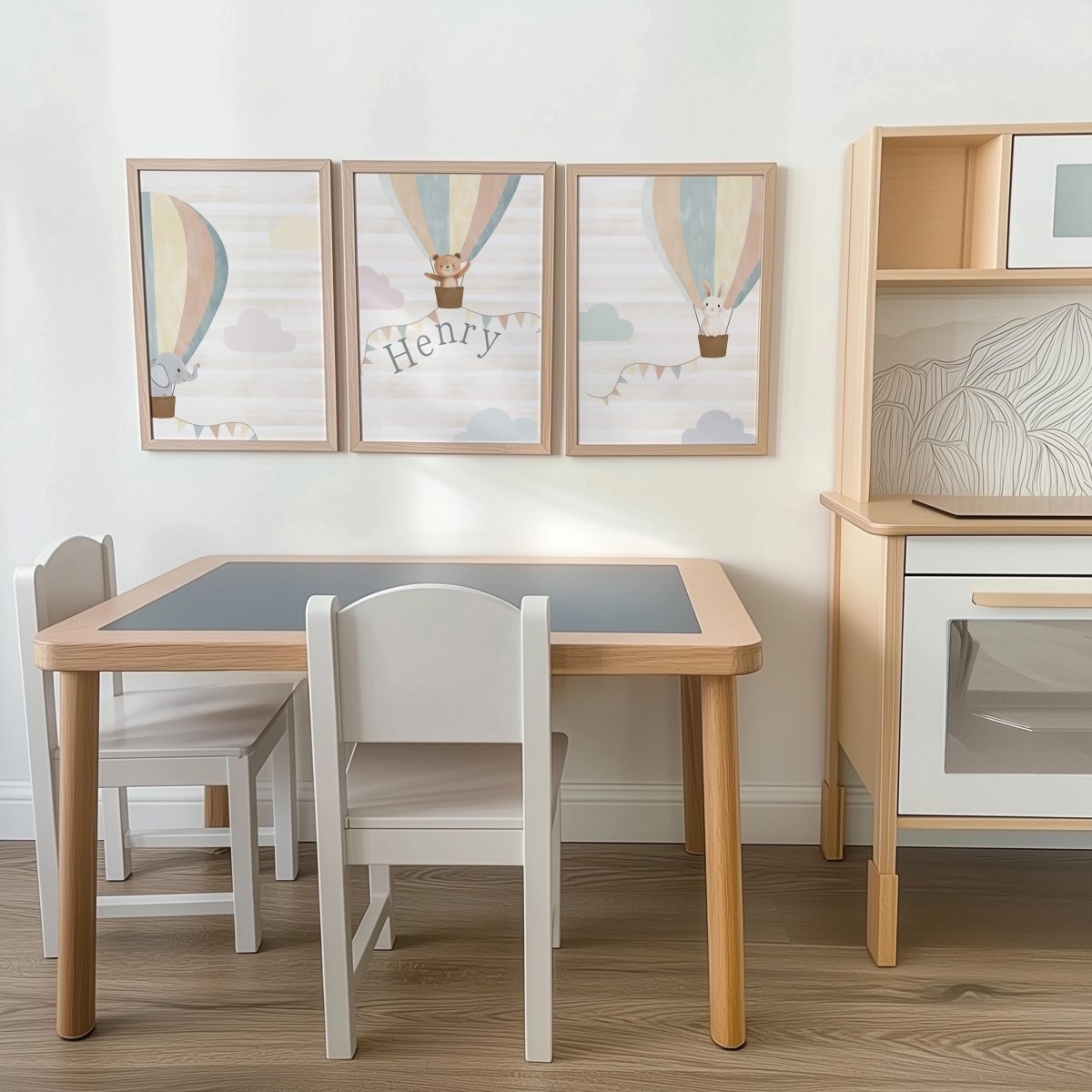 Set of 3 Personalised Neutral Boho Nursery Prints – Hot Air Balloon Animal Wall Art for Kids Room - RoseRowanDesign -