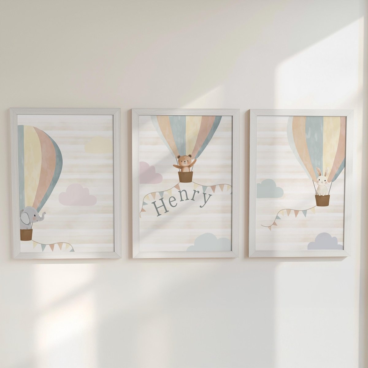 Set of 3 Personalised Neutral Boho Nursery Prints – Hot Air Balloon Animal Wall Art for Kids Room - RoseRowanDesign -