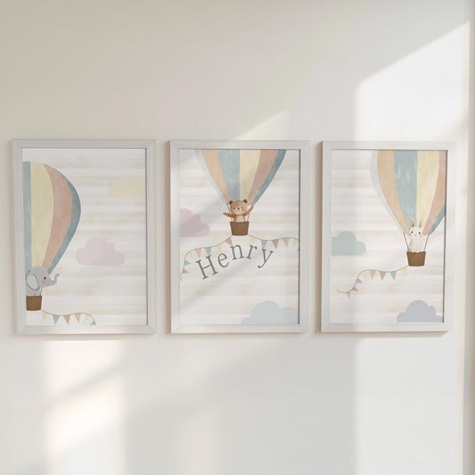 Set of 3 Personalised Neutral Boho Nursery Prints – Hot Air Balloon Animal Wall Art for Kids Room - RoseRowanDesign -