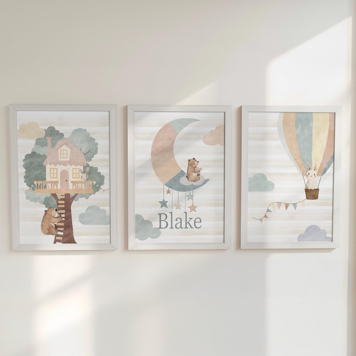 Set of 3 Personalised Nursery Prints – Whimsical Boho Hot Air Balloon Animal Wall Art for Kids Room - RoseRowanDesign -