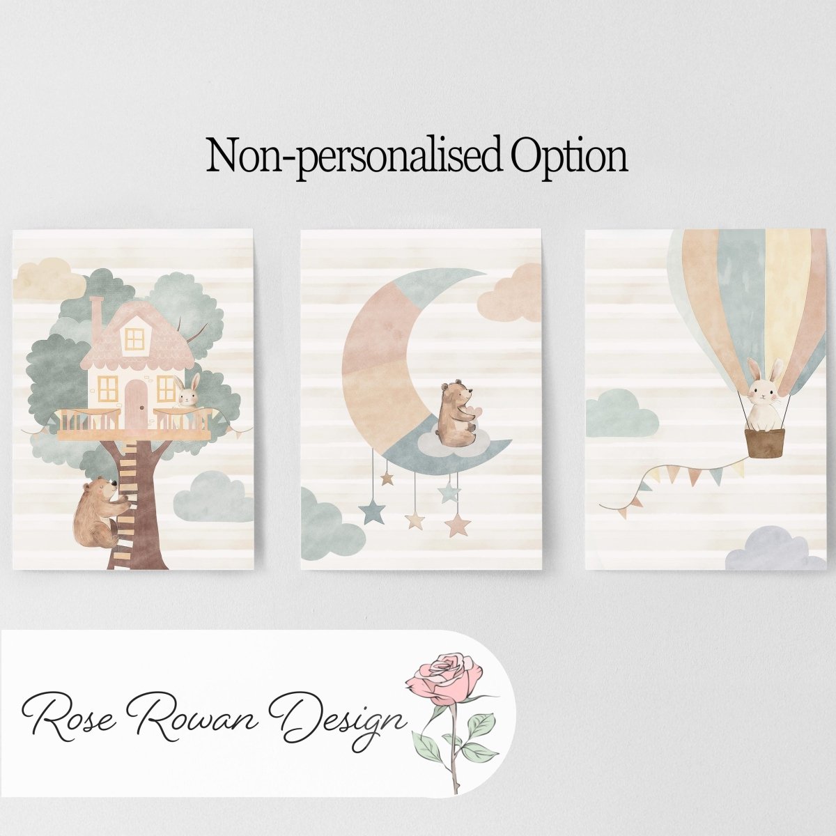 Set of 3 Personalised Nursery Prints – Whimsical Boho Hot Air Balloon Animal Wall Art for Kids Room - RoseRowanDesign -